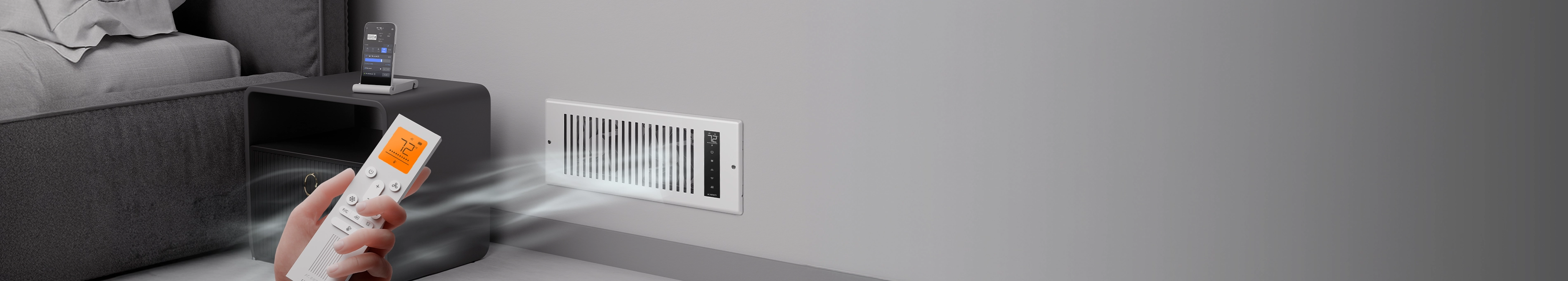 A hand points a rempte at a white Airtap smart register booster fan blowing cool air into a bedroom.