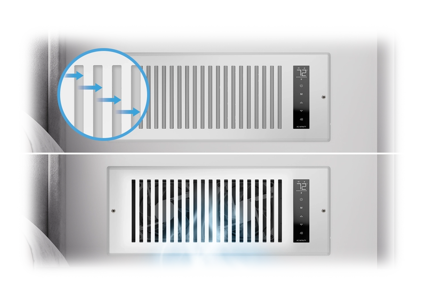 Split image of an Airtap fan showing closed louvers on top and open louvers with fans blowing air below.
