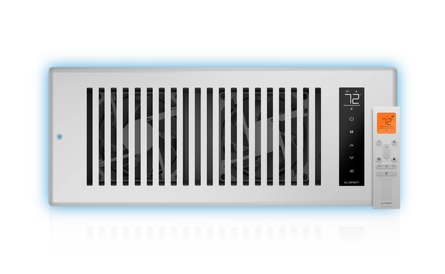 White Airtap vent with dual fans and a blue glow, next to a white remote. Both digital displays read 72.