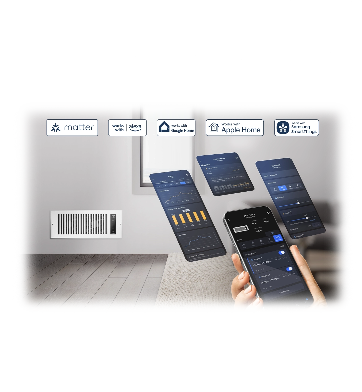 Hand holds smartphone app controlling an Airtap fan. Floating UI screens and smart home integration logos.