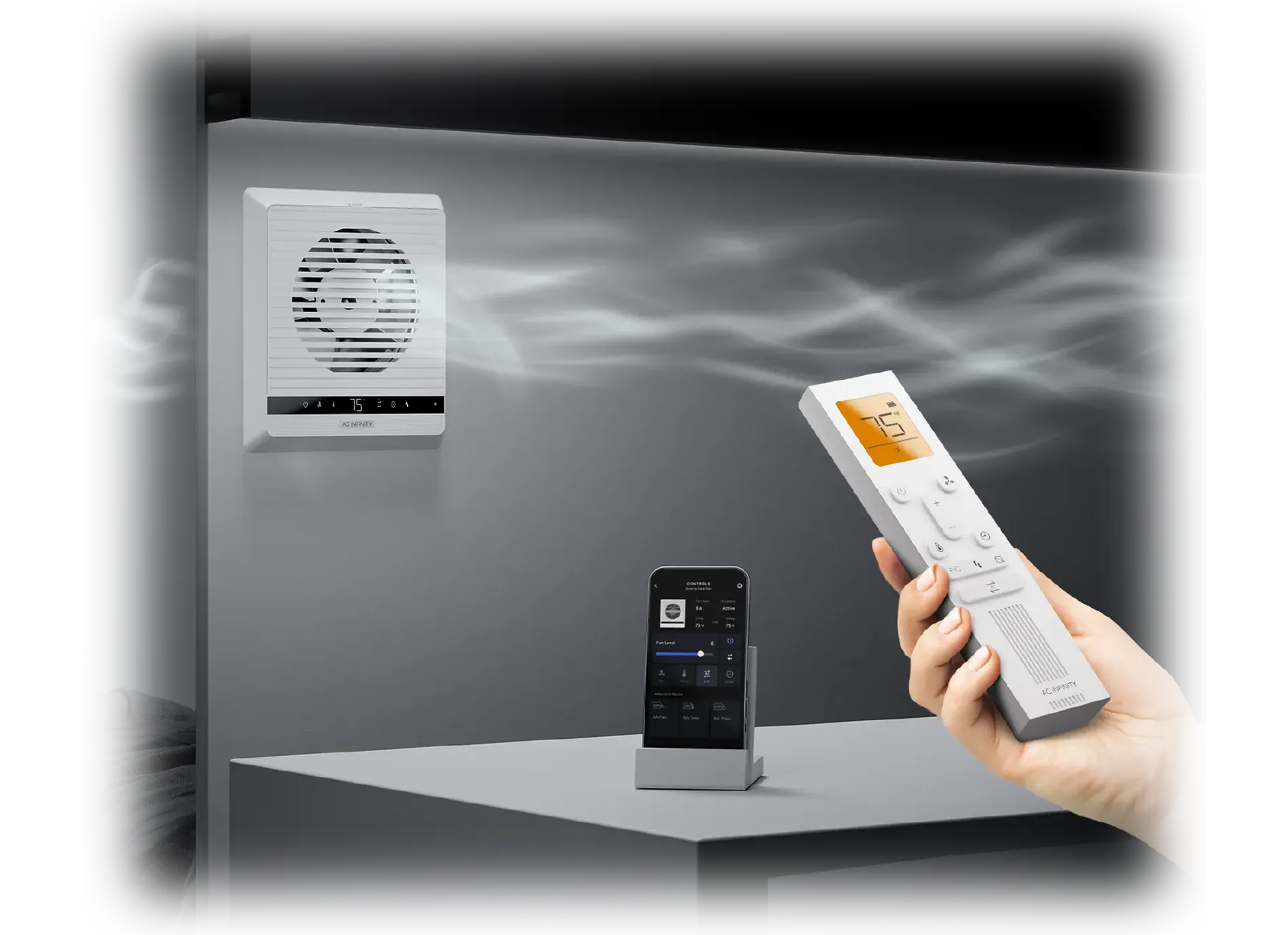 Graphic demonstrating the Next-Gen Comfort smart through-wall fan auto-balancing airflow and temperature between adjacent rooms.