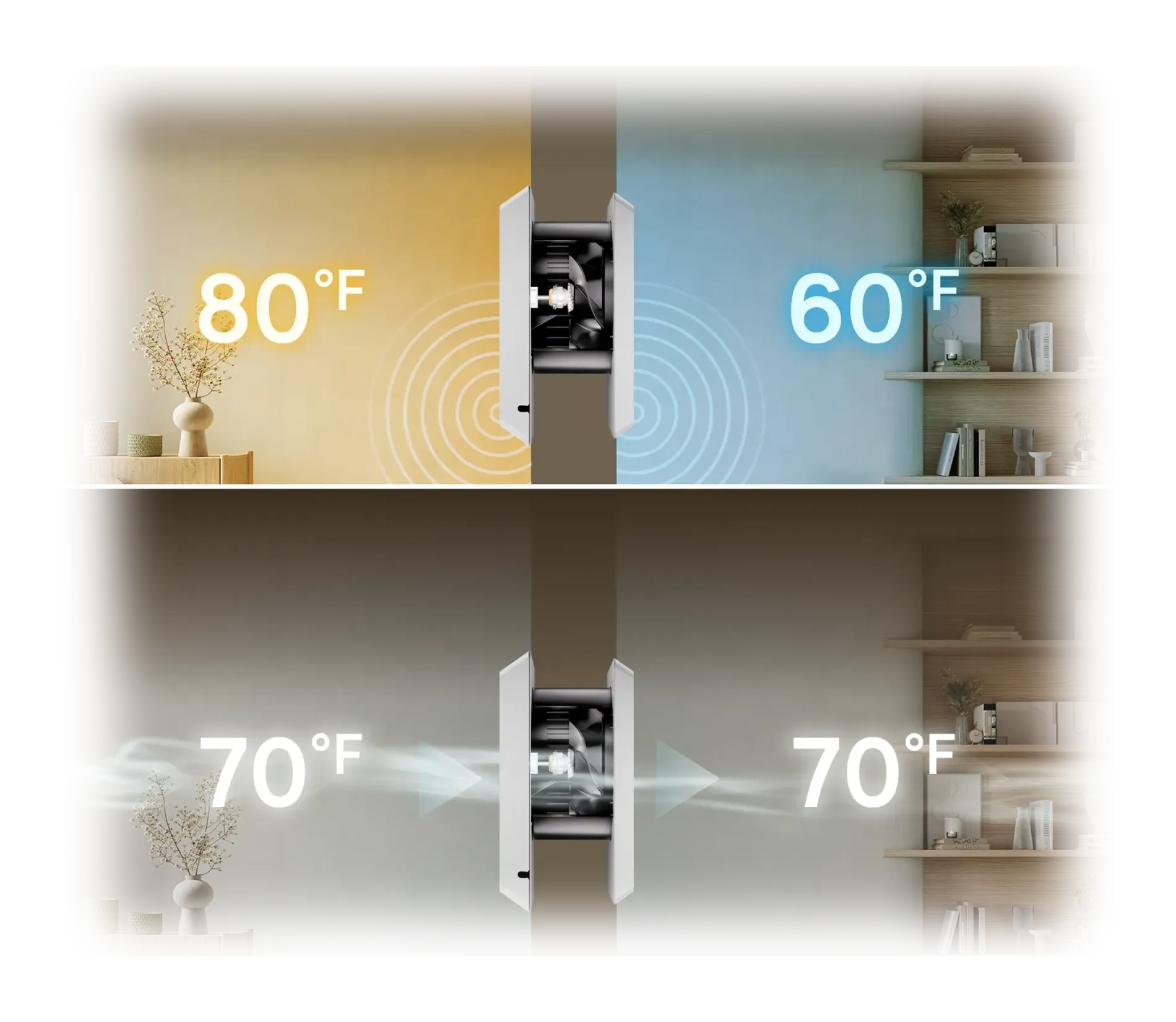 Close-up of the square white fan grille showing the built-in digital thermal controller used for automated climate balance between rooms.