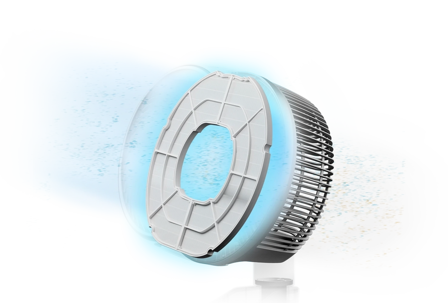 A cutaway rendering of the fan showing a glowing blue honeycomb filter pulling in air and dust particles.