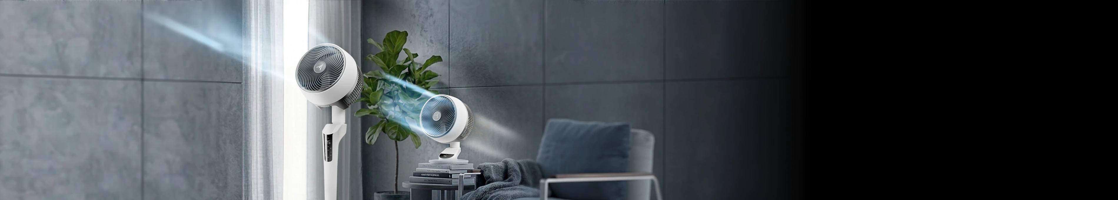 Two white smart fans, one pedestal and one tabletop, in a modern living room with blue graphics illustrating strong airflow.