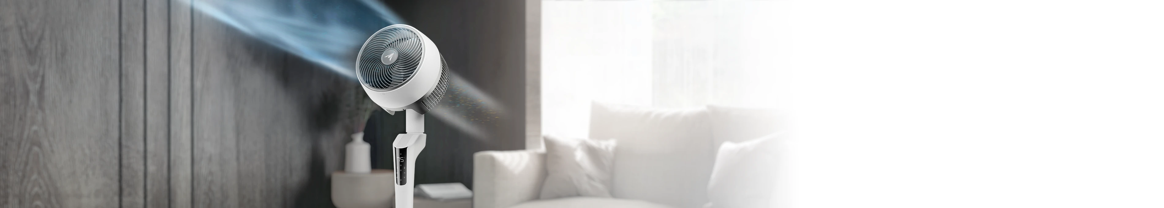 Two white smart fans, one pedestal and one tabletop, in a modern living room with blue graphics illustrating strong airflow.