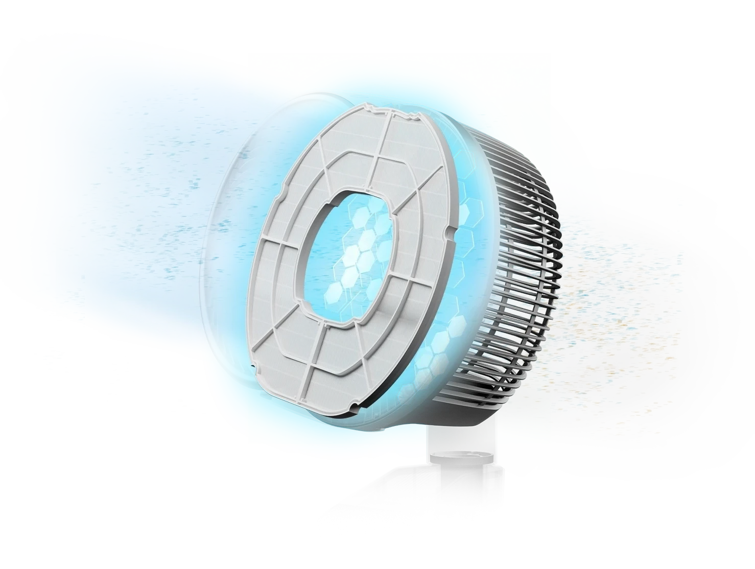 A cutaway rendering of the fan showing a glowing blue honeycomb filter pulling in air and dust particles.