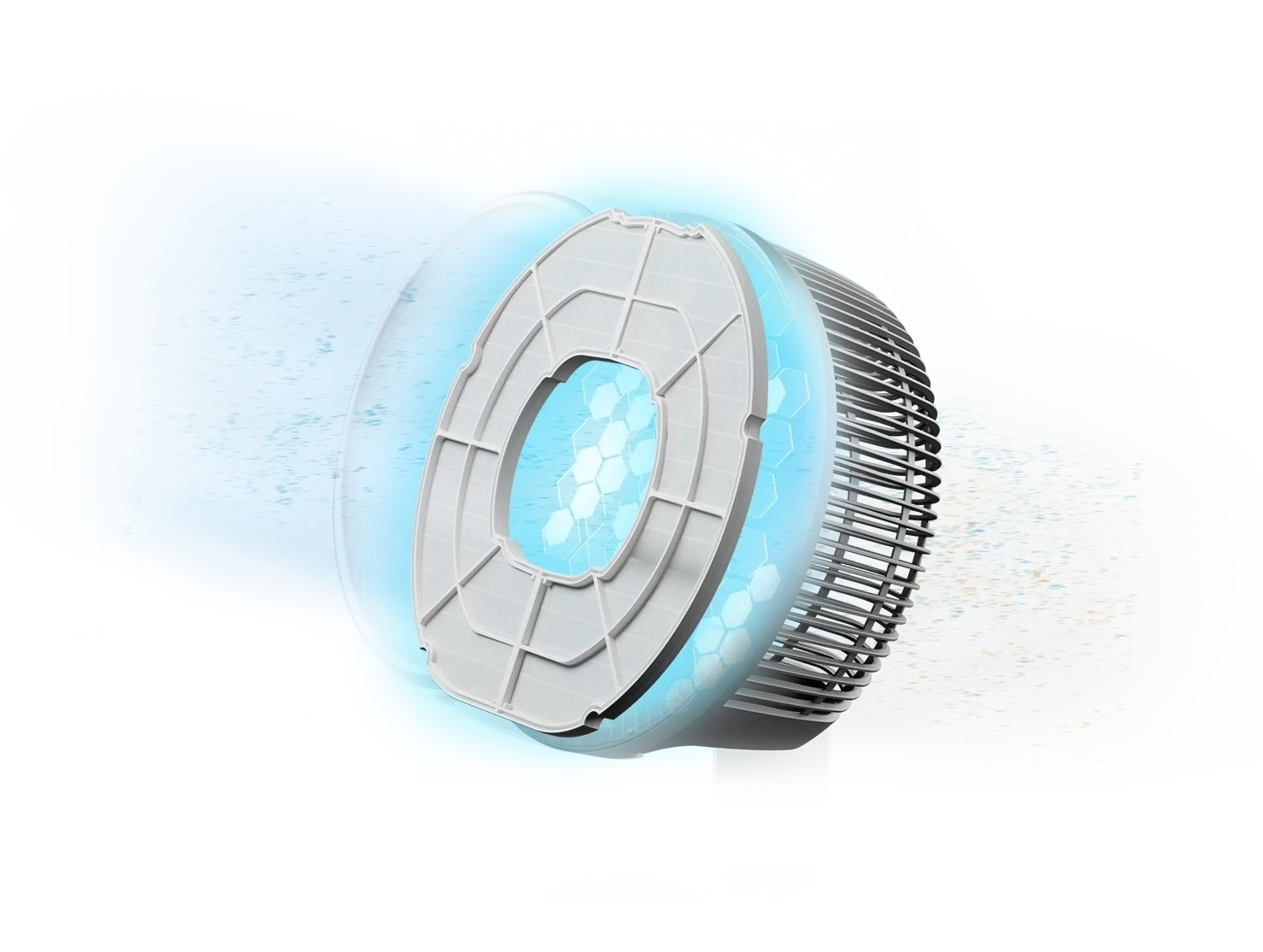 A cutaway rendering of the fan showing a glowing blue honeycomb filter pulling in air and dust particles.