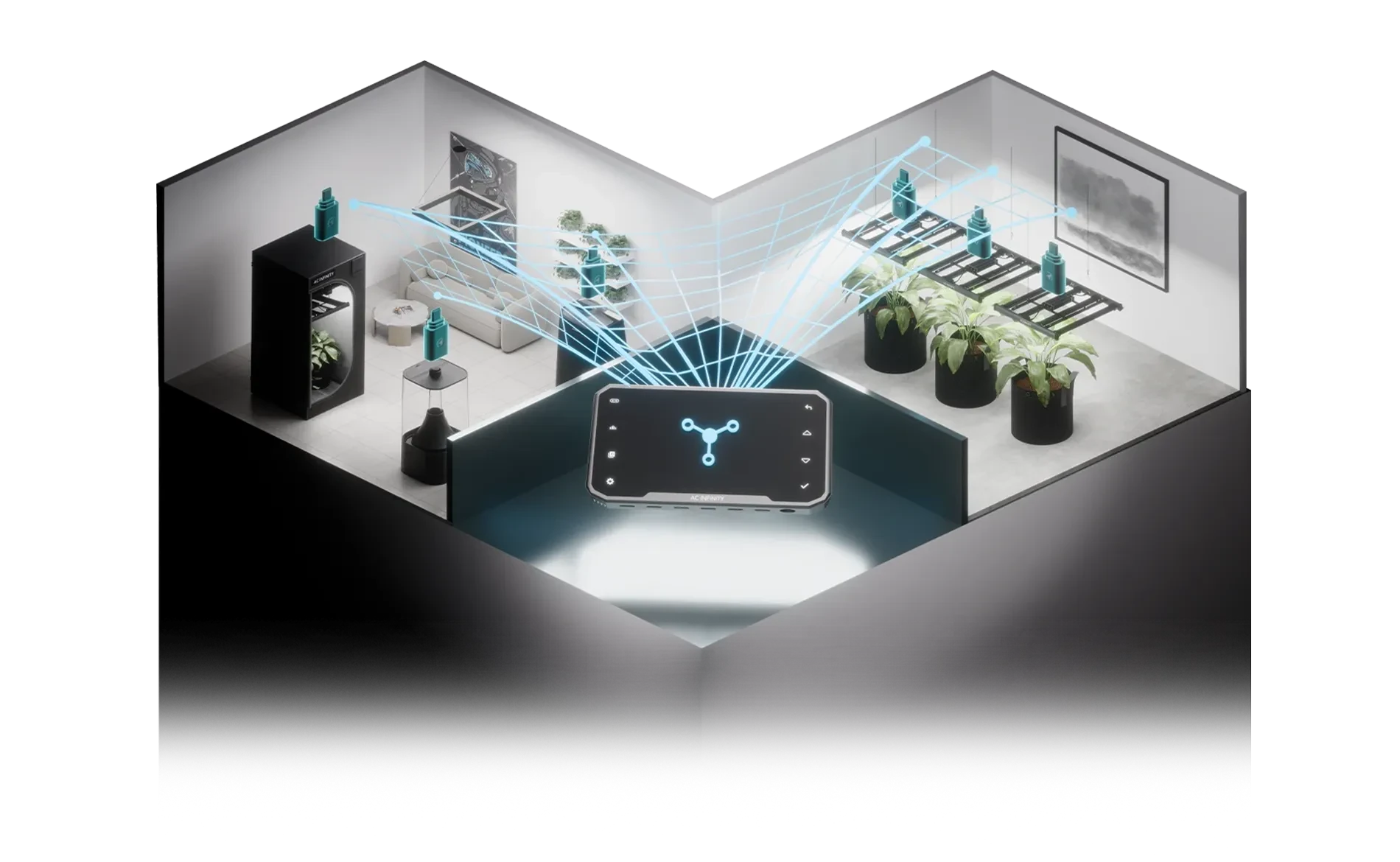 Isometric grow room rendering showing a central controller wirelessly managing various climate devices.