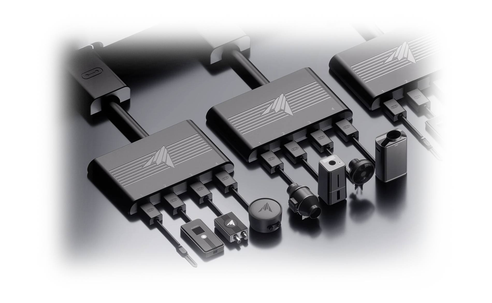 Diagram showing AC Infinity multi-port hubs wired to various sensors, fans, and humidifiers.