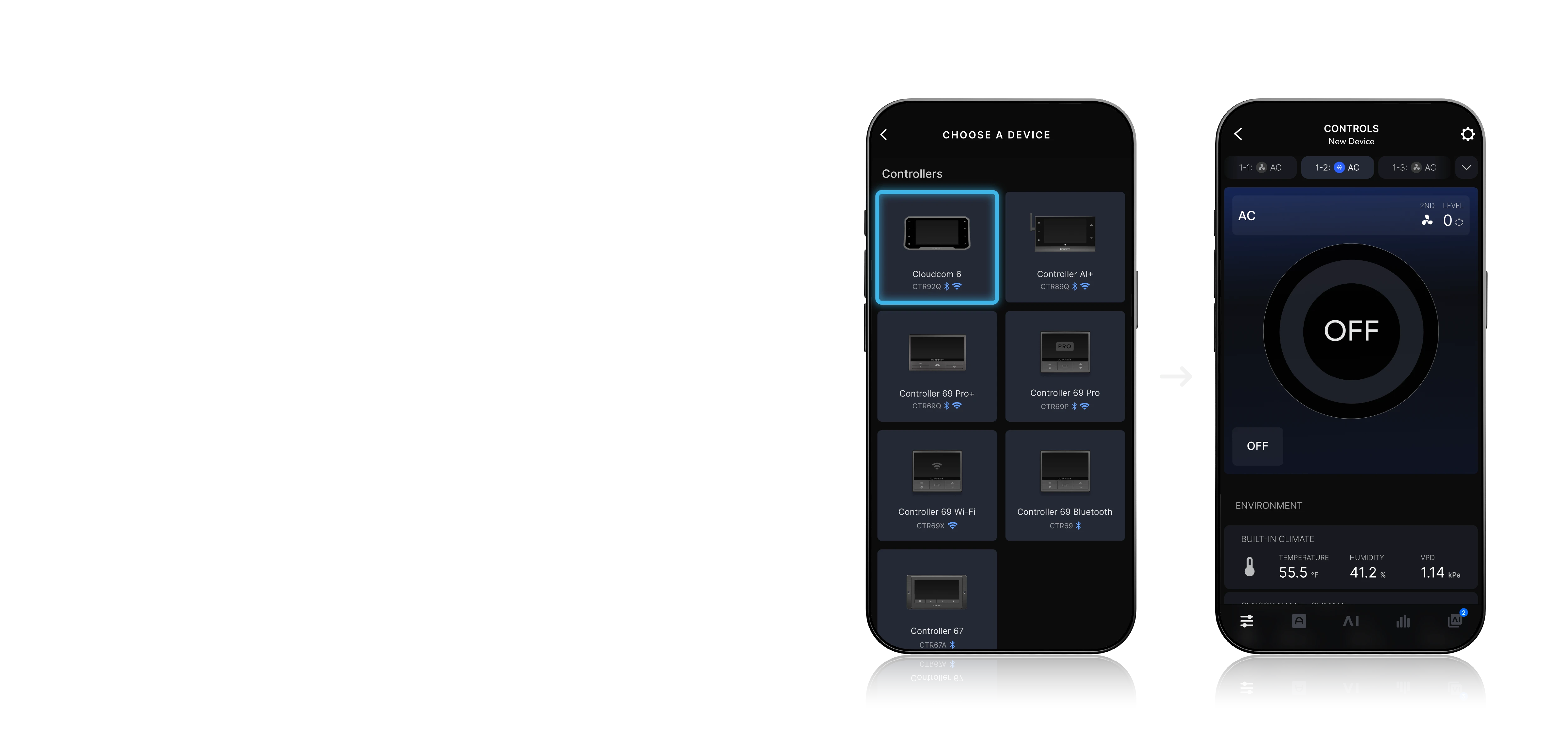 AC Infinity app — Choose a Device screen with Cloudcom 6 selected, opening the Controls screen