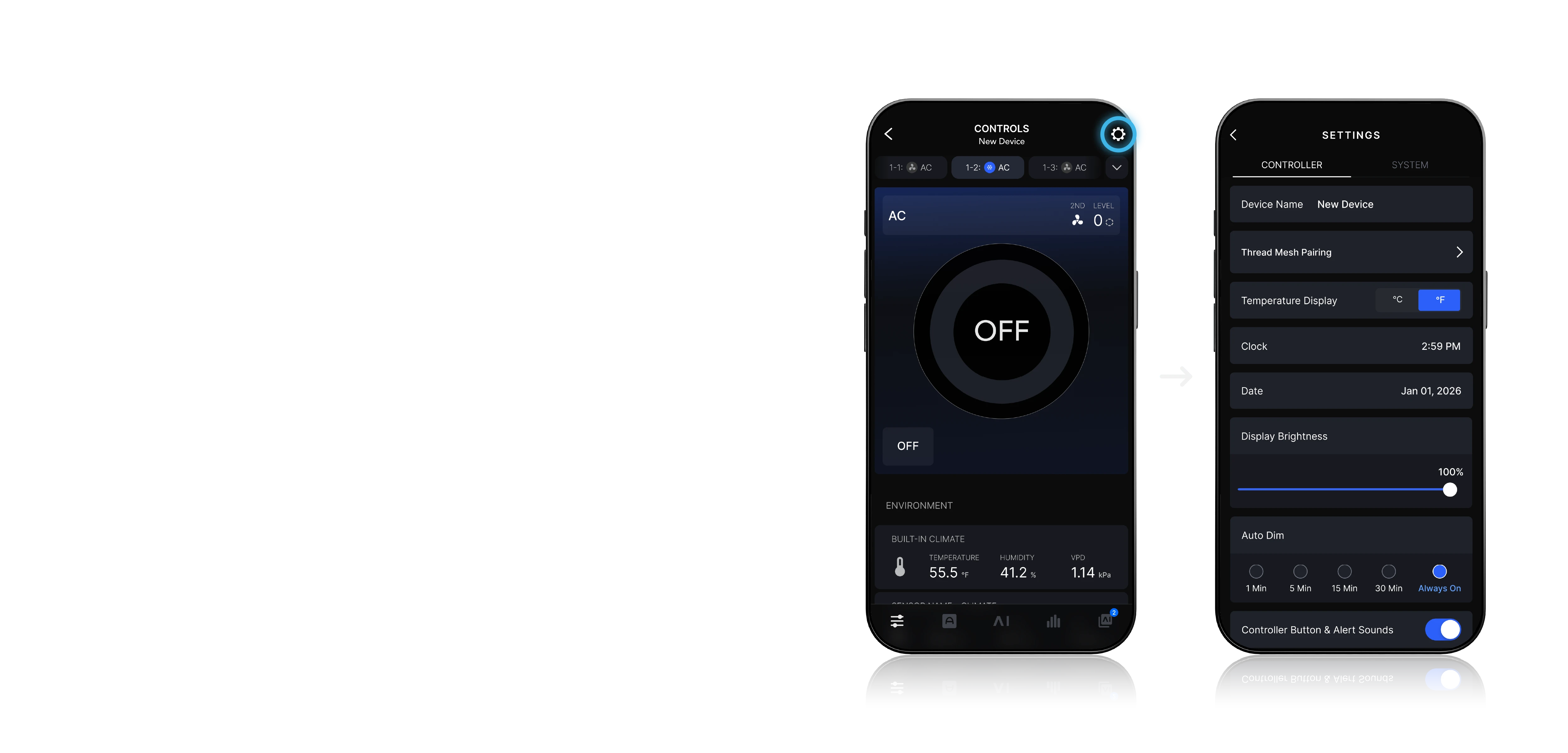 AC Infinity app — Controls screen, tapping the settings gear to open Settings