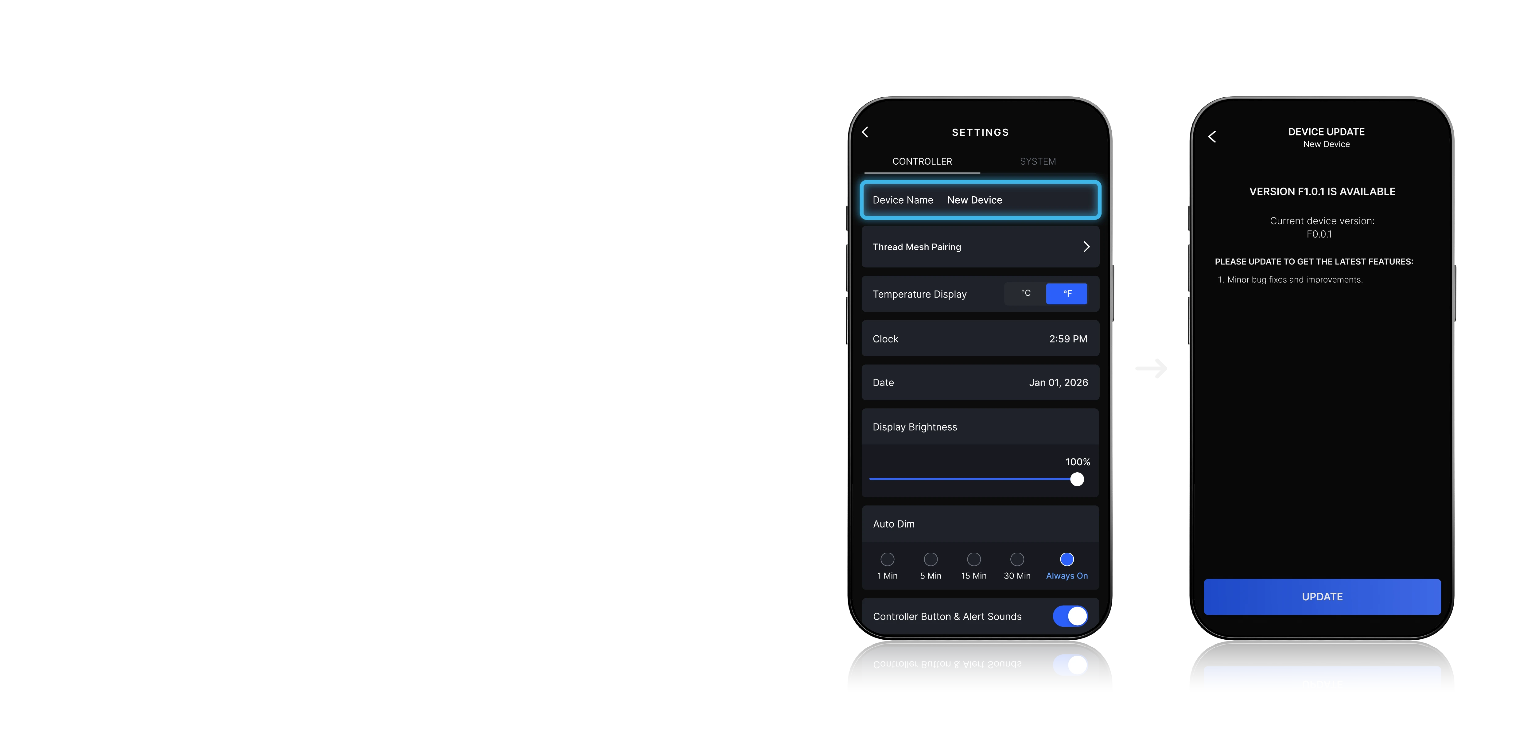 AC Infinity app — Settings screen, tapping Device Name to open Device Update with the Update button