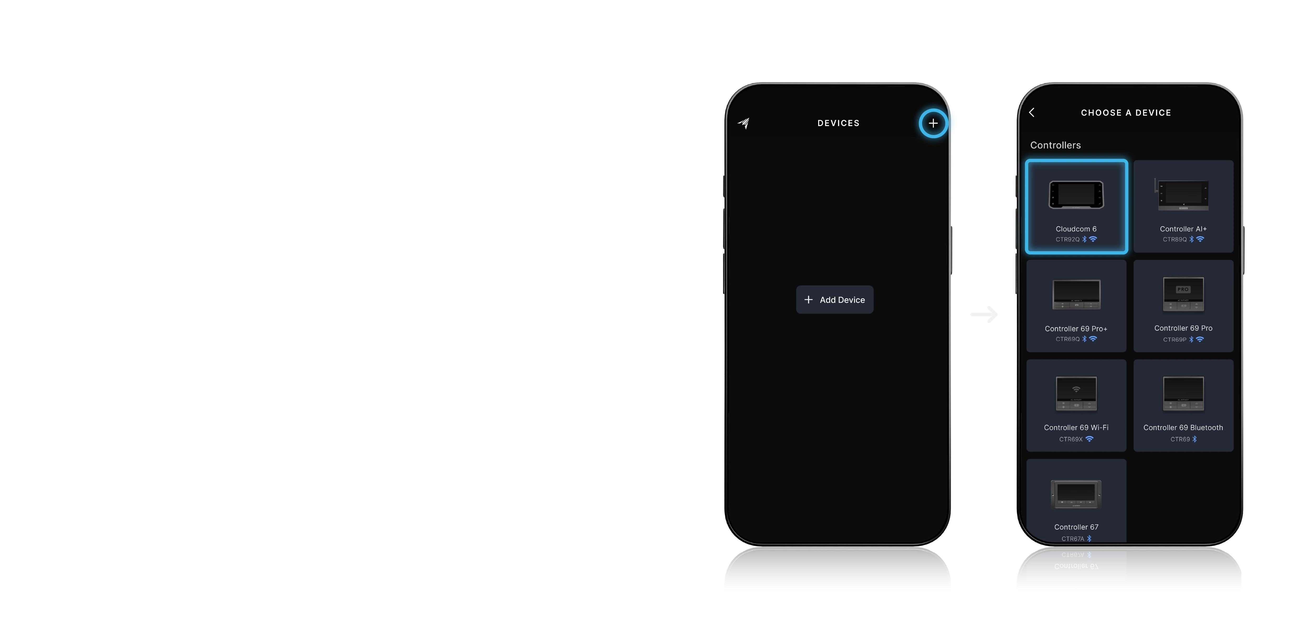 AC Infinity App — Devices screen + button, then Choose a Device with Cloudcom 6 selected
