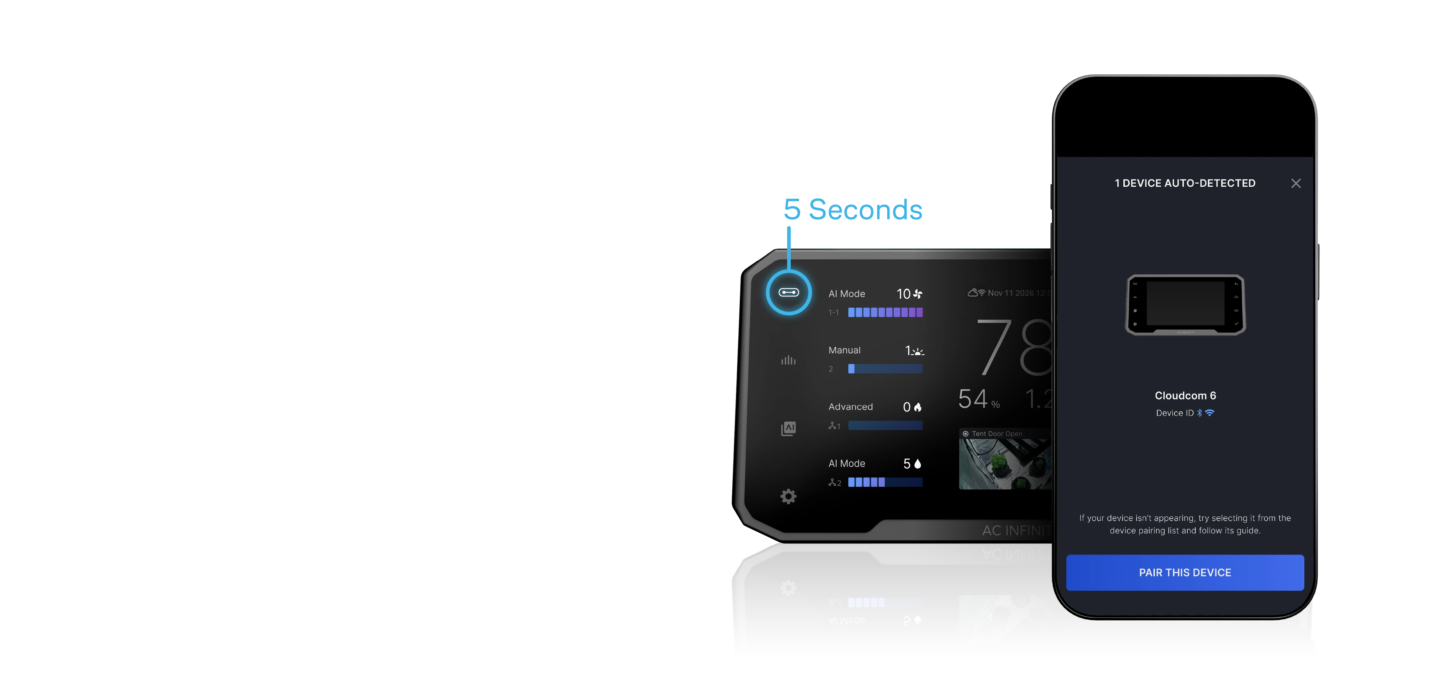 AC Infinity App — Hold the controller connect button 5 seconds; app shows 1 device auto-detected