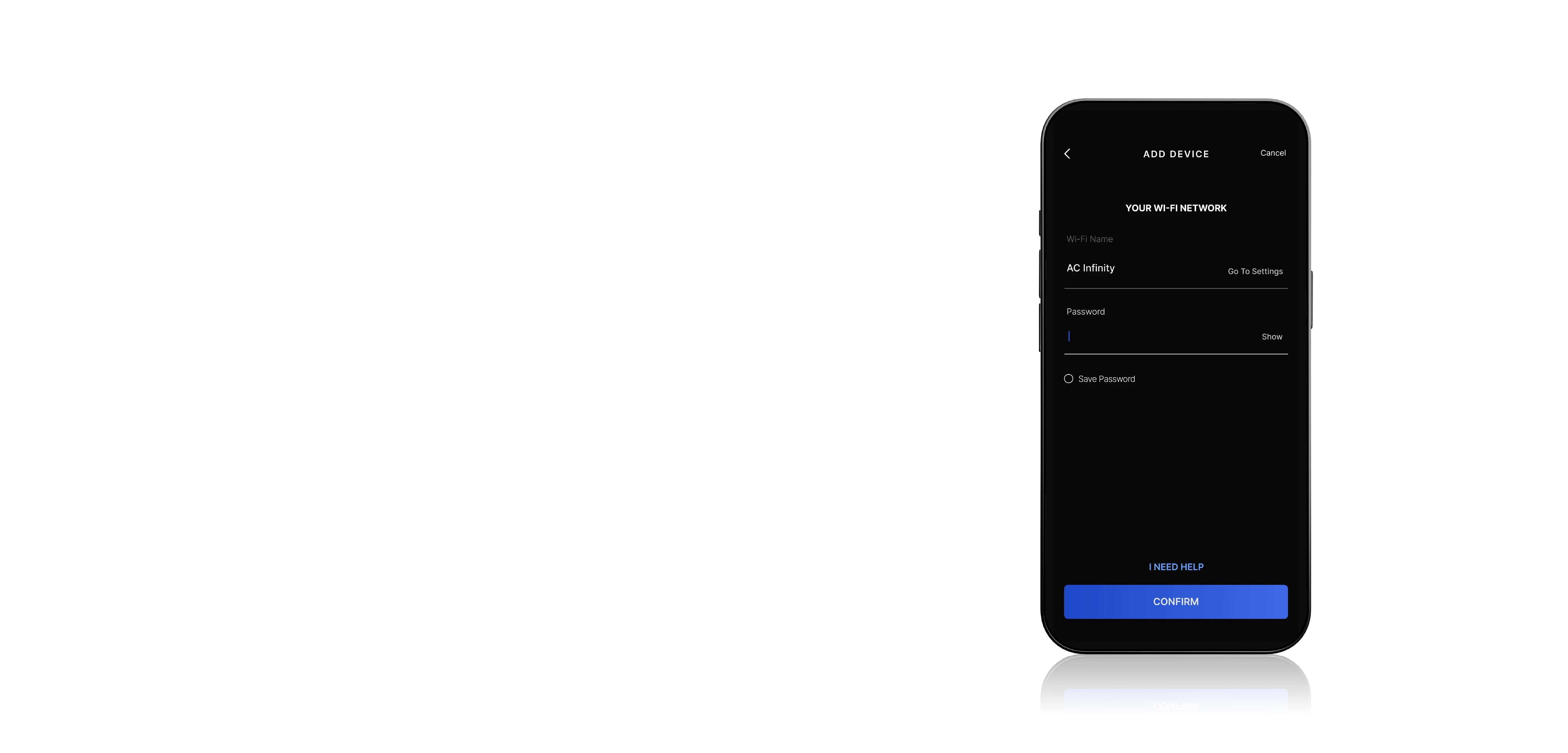 AC Infinity App — Wi-Fi network screen with name and password fields