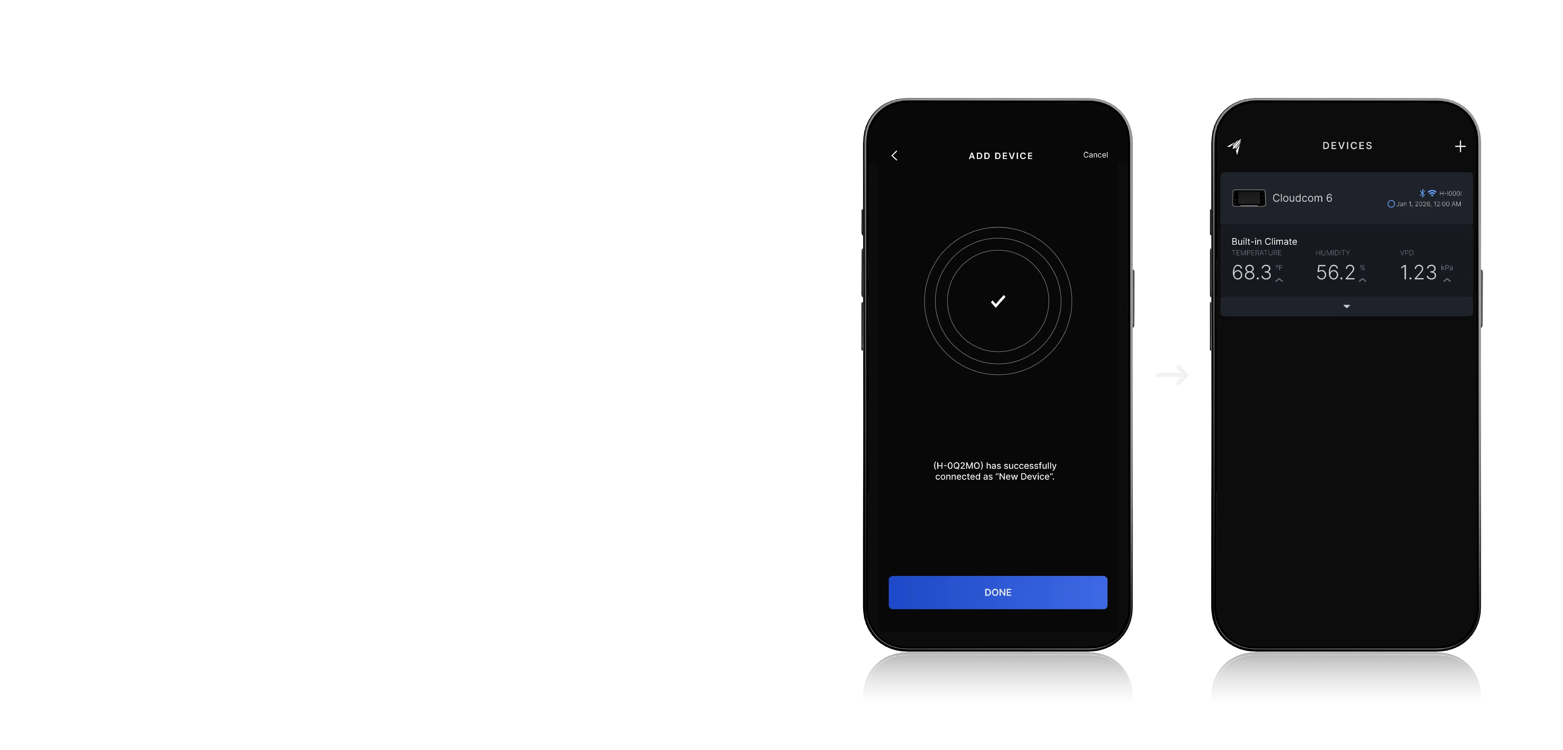 AC Infinity App — Device connected confirmation and Cloudcom 6 on the Devices screen