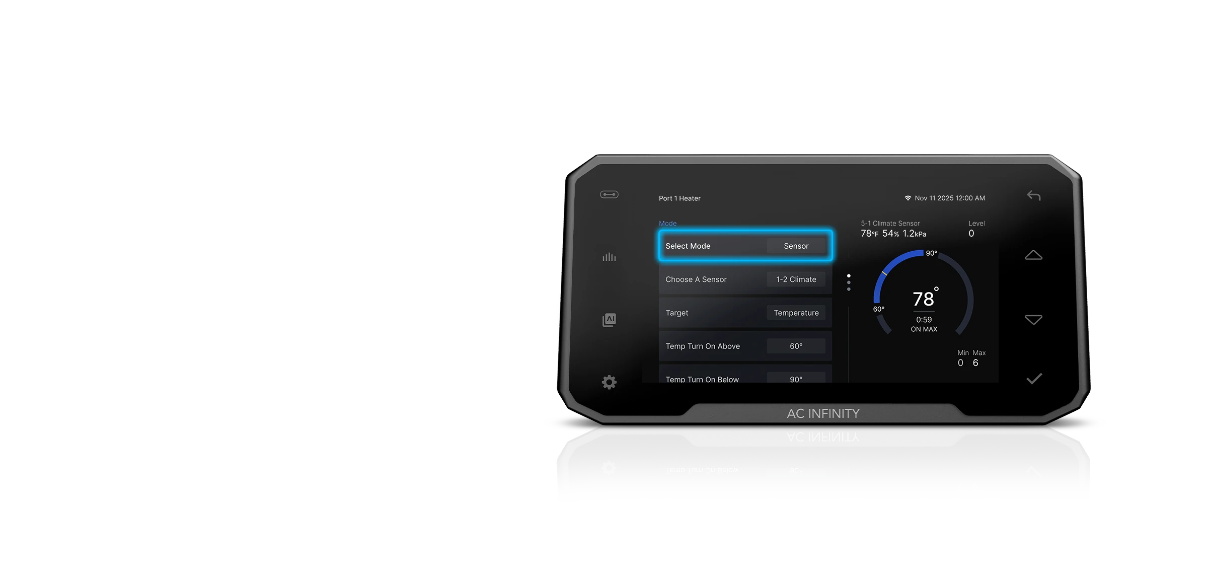 Cloudcom 6 — Port 1 Heater settings screen with Select Mode highlighted