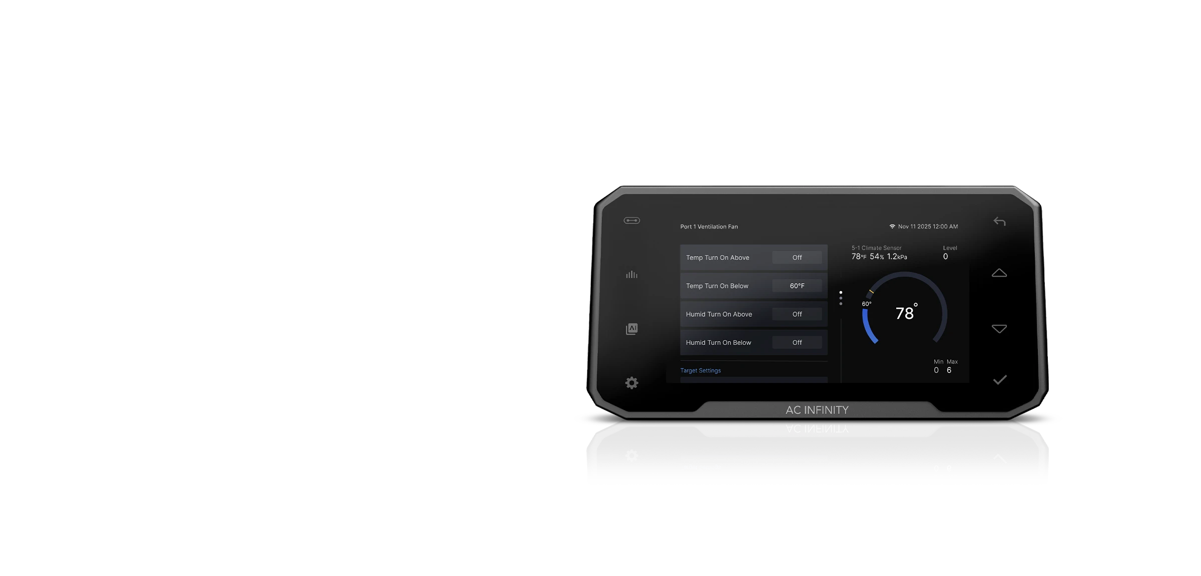 Cloudcom 6 — Port 1 Ventilation Fan Sensor mode with Temp Turn On Below set to 60°F