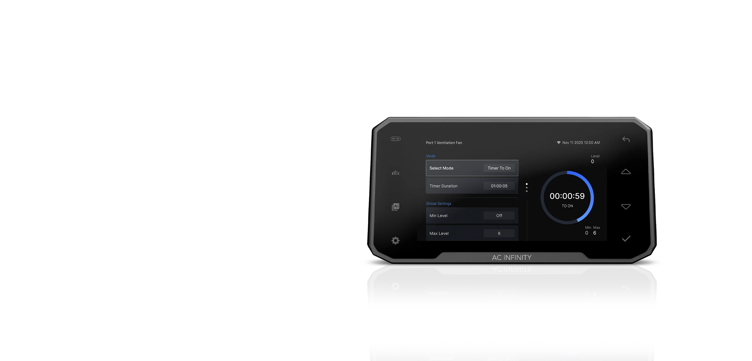 Cloudcom 6 — Port 1 Ventilation Fan in Timer To On mode counting down 00:00:59