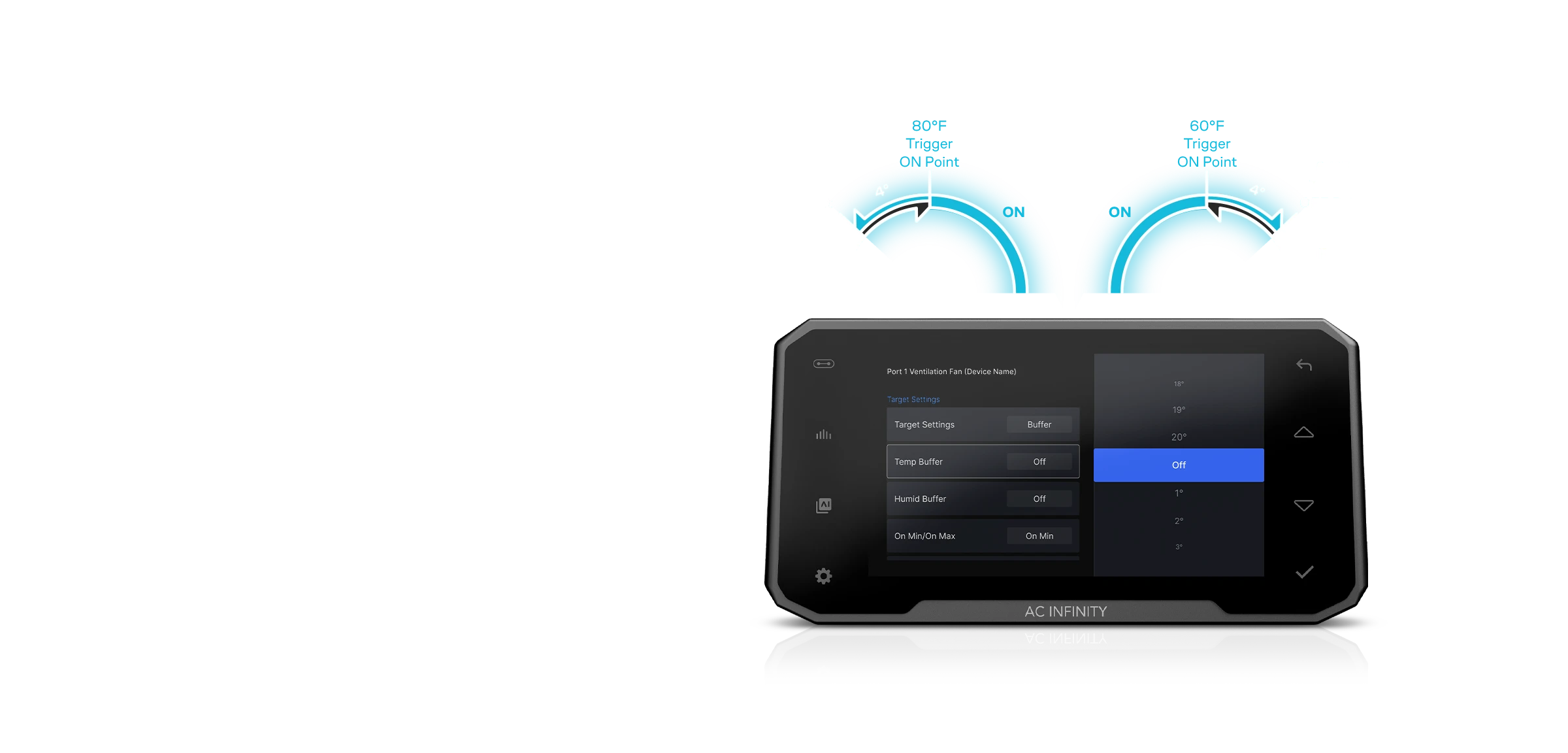 Cloudcom 6 — Temp Buffer setting screen with 4° buffer arcs around 80°F and 60°F trigger ON points