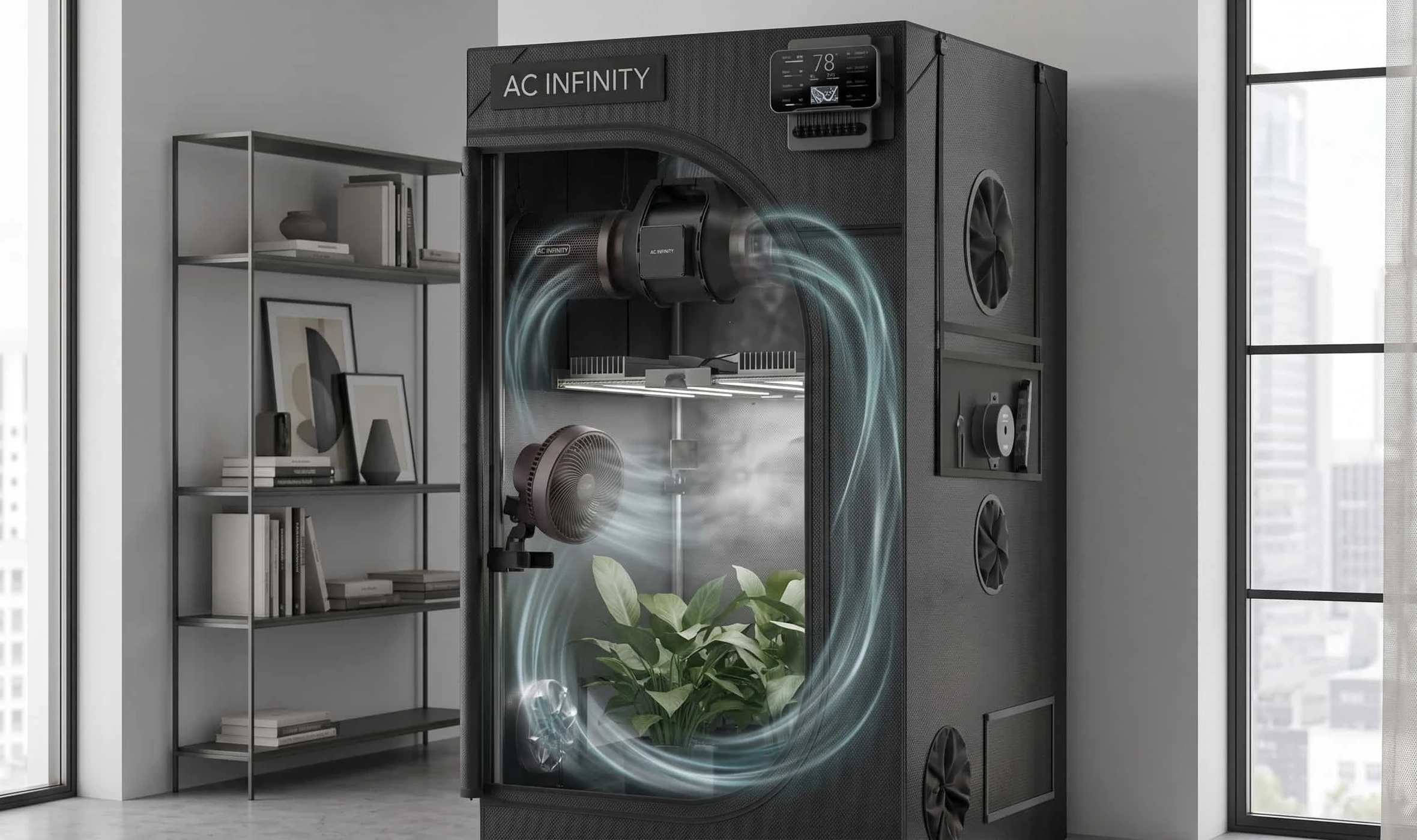 Grow tent with inline fan and clip fan moving air, Cloudcom controller mounted on the tent