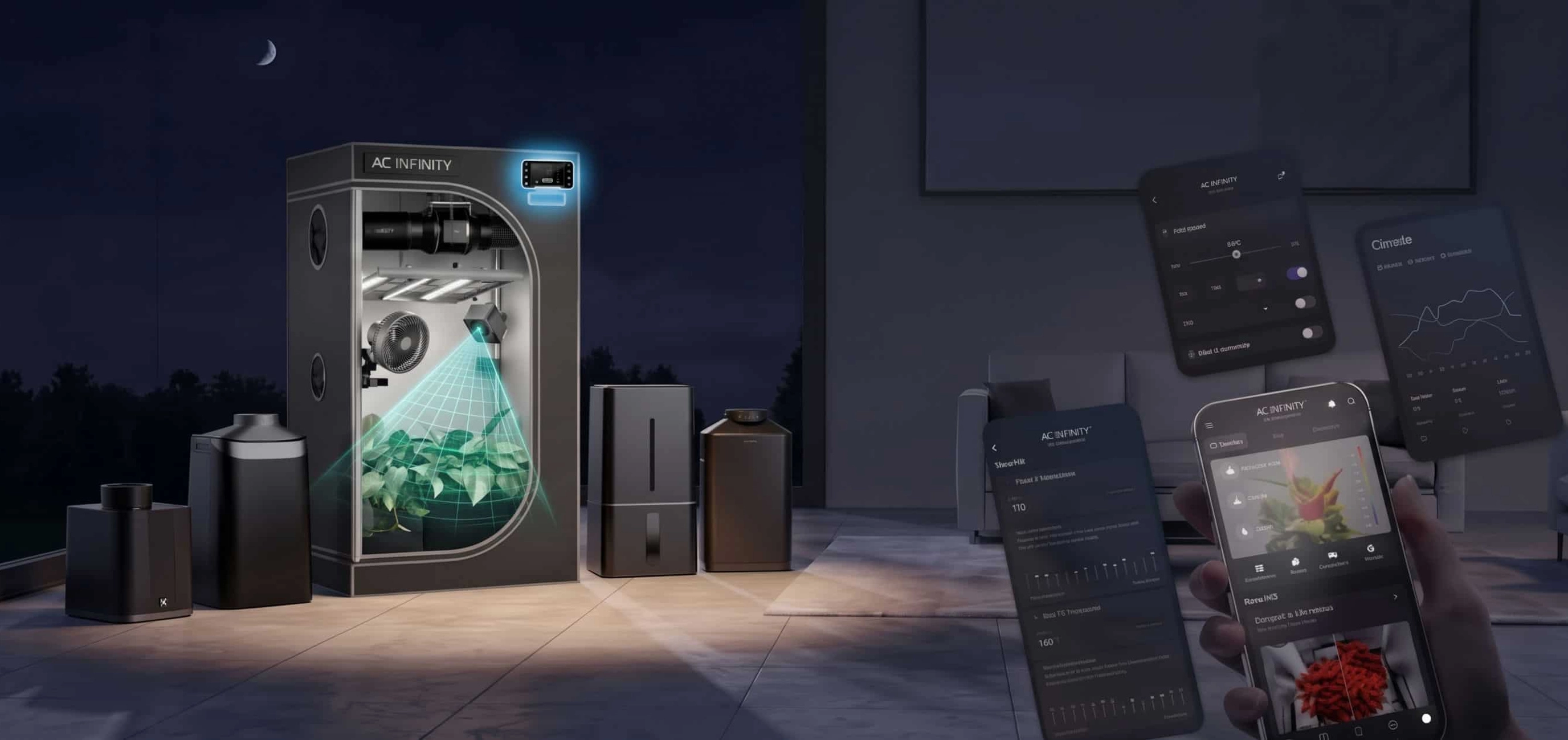 Grow tent with AI camera analyzing plant health, alongside the AC Infinity app on phones