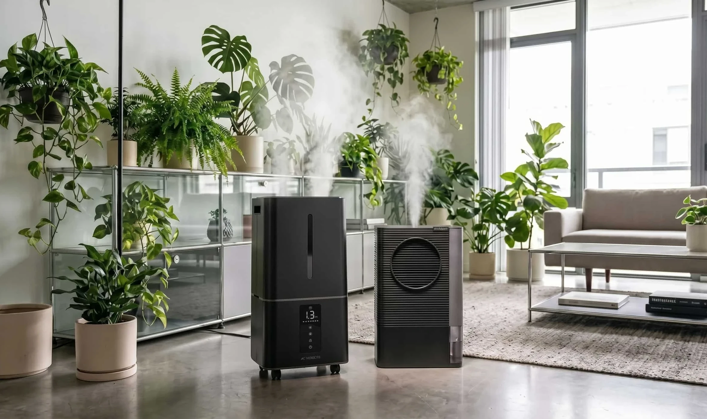Humidifier and dehumidifier side by side in a plant-filled room