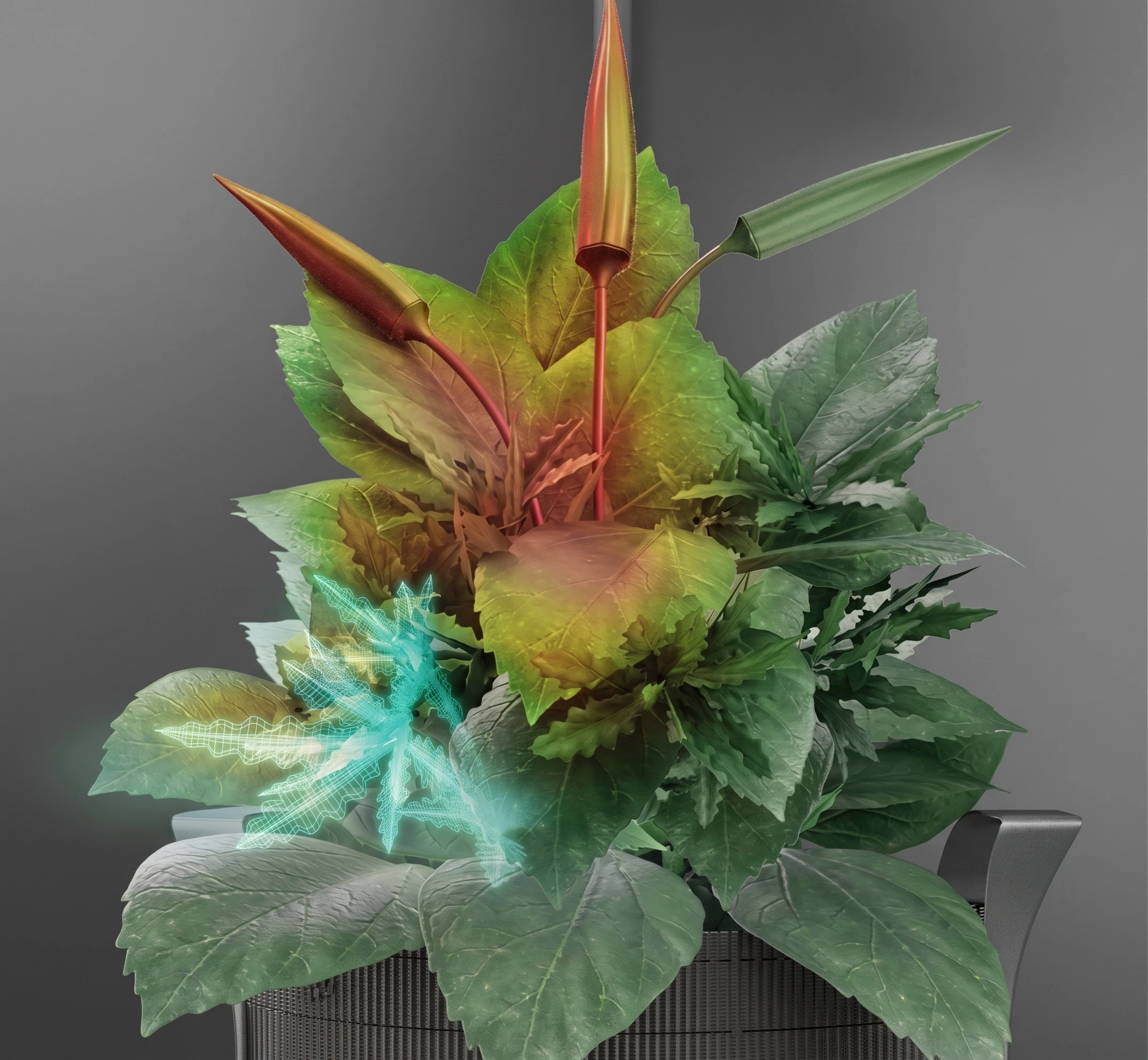 Plant in a fabric pot with AI heat-map and leaf-scan overlays