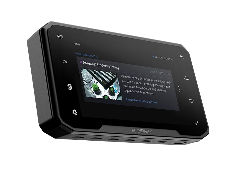 Front view of an AC Infinity controller showing climate metrics and a live grow tent camera feed.
