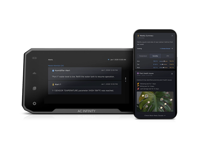 Three mobile app screens showing grow tips, a weekly summary, and climate performance metrics.