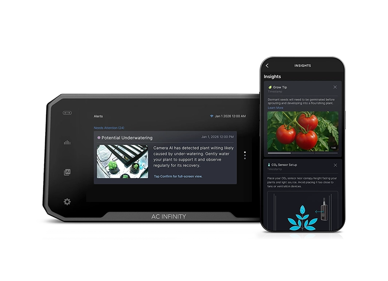 Three mobile app screens showing grow tips, a weekly summary, and climate performance metrics.