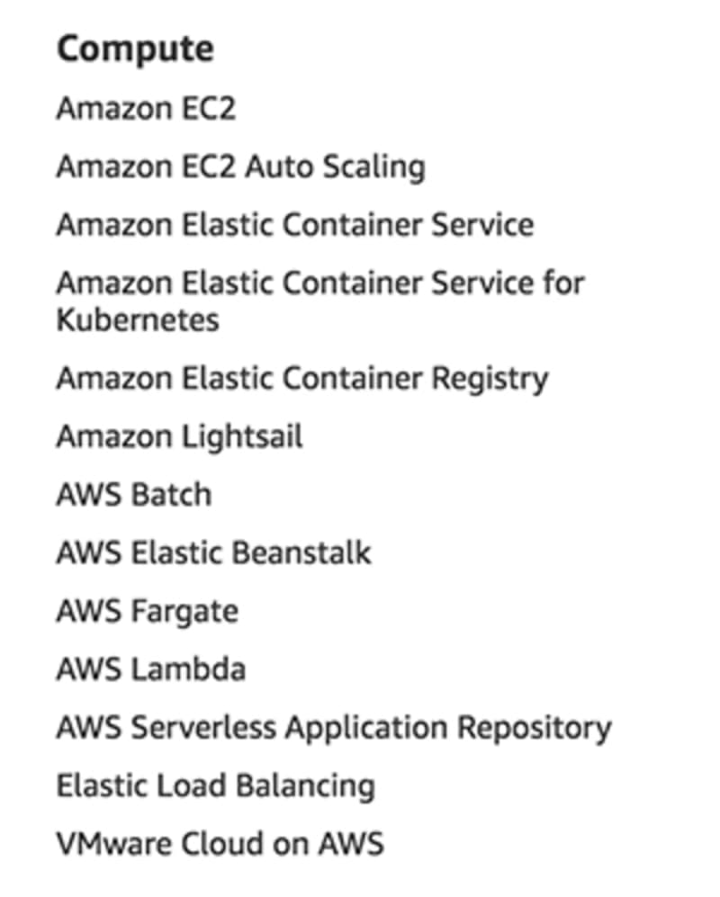 A list of compute services - as listed on aws.amazon.com
