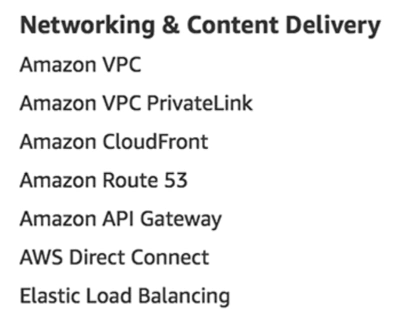 Networking & Content Delivery services as listed on aws.amazon.com