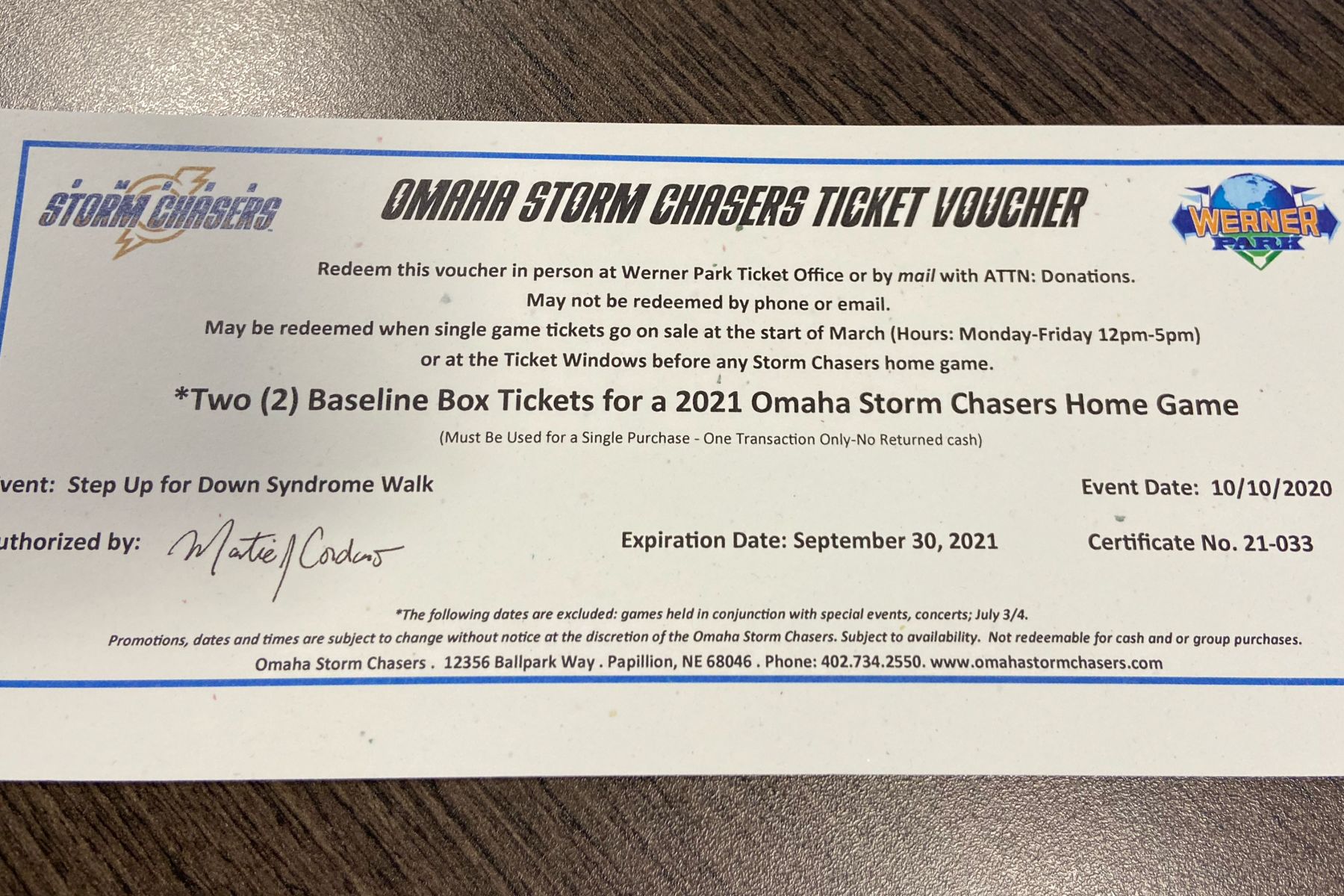 Auction Page | Two baseline box tickets for a 2021 Omaha Storm Chasers game