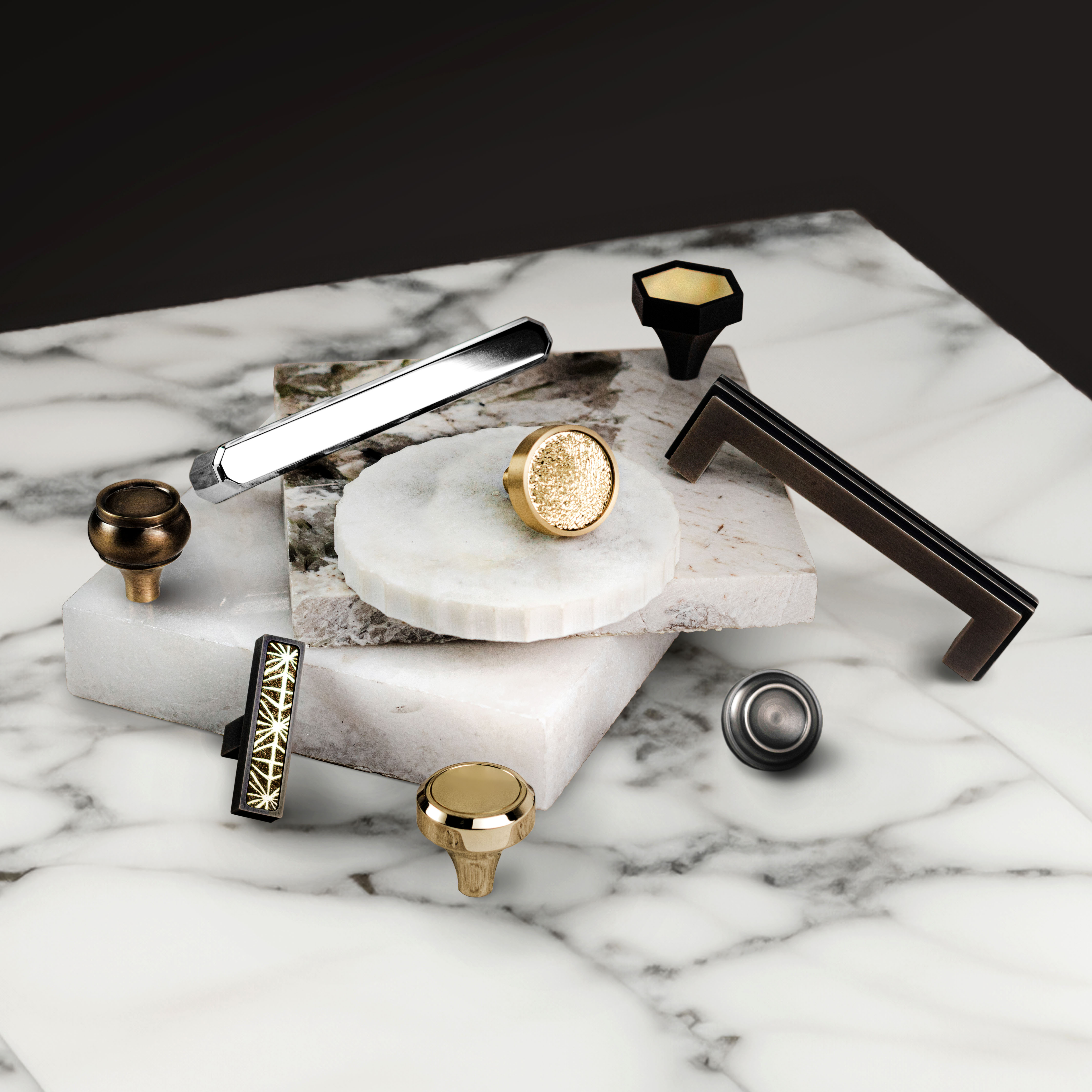 Thom Filicia for Accurate Cabinet Hardware Stylized shot in various collection styles and finishes overhead view