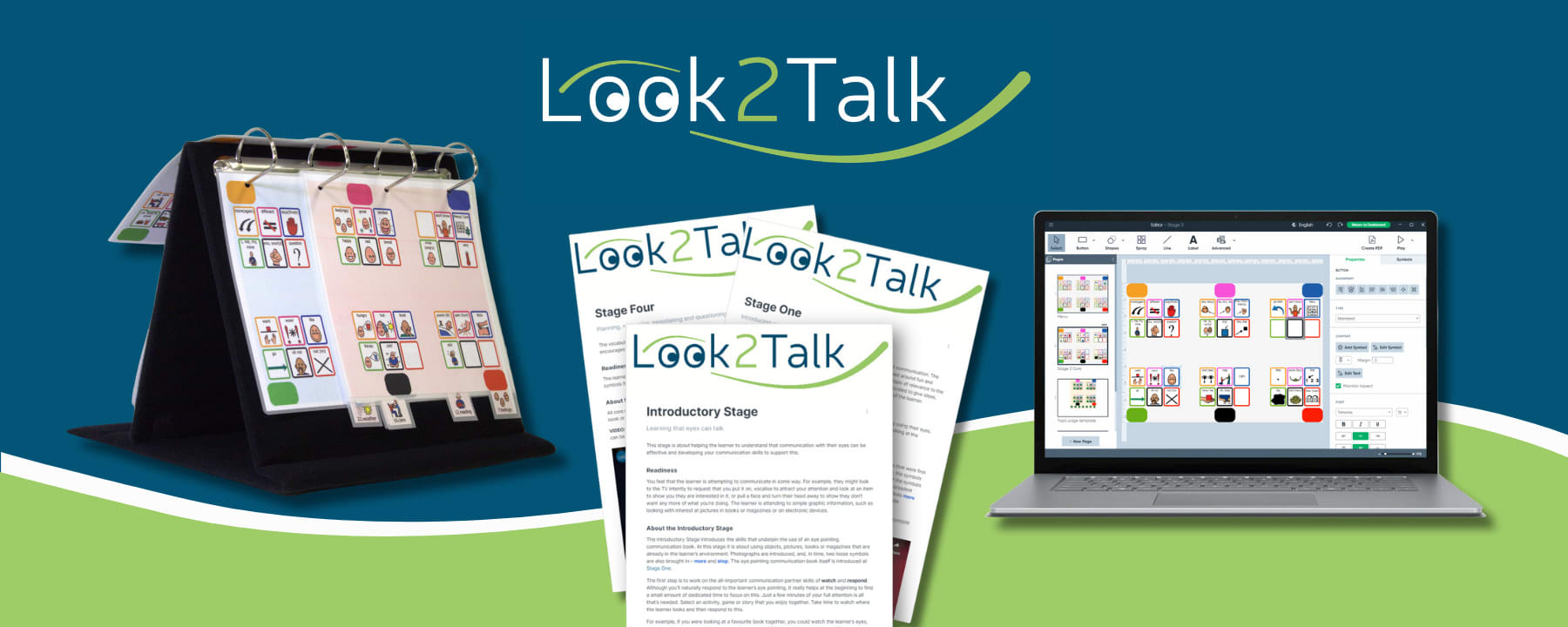 Look2Talk logo at the top. Below is a communication easel with a Look2Talk chart. In the middle is a guidebook. On the right is boardmaker with the templates open.