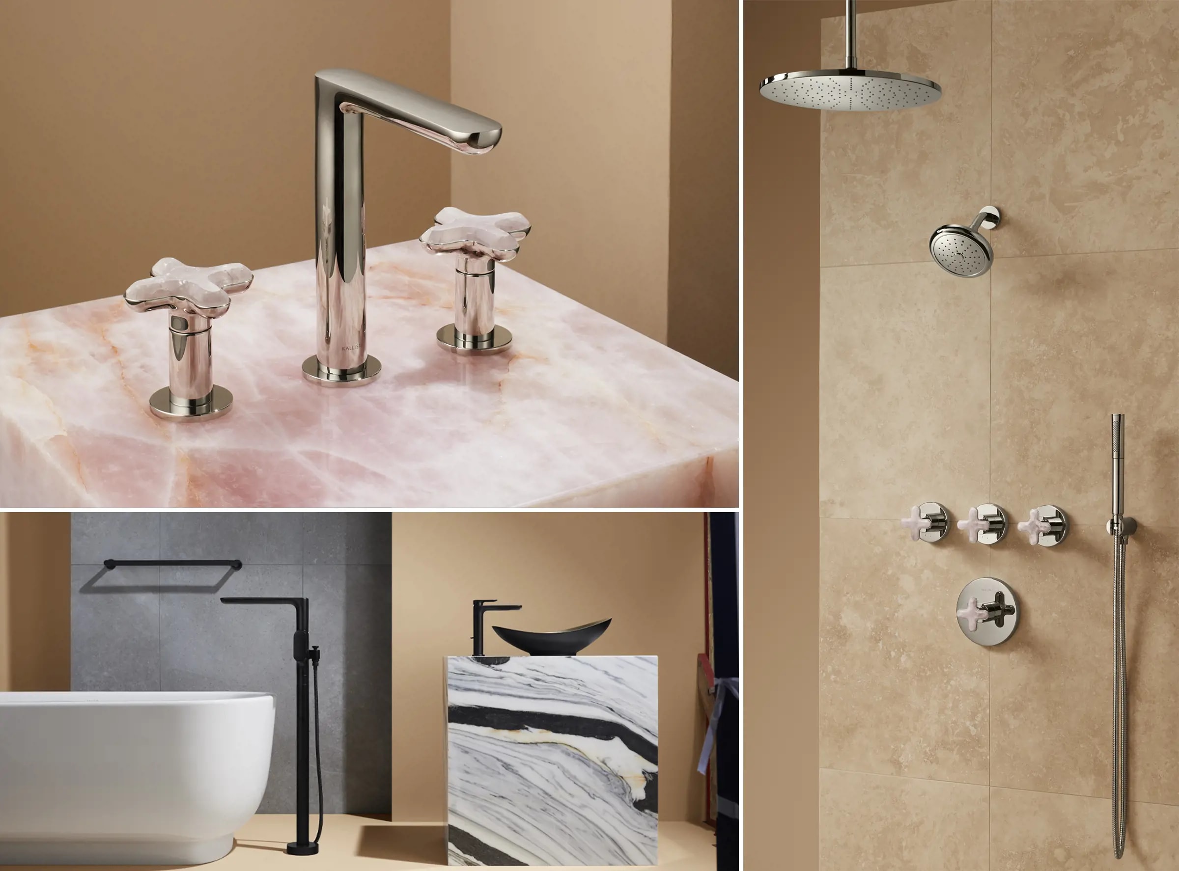 002 Deck-Mount Bath Faucet, Rose Quartz- Polished Nickel