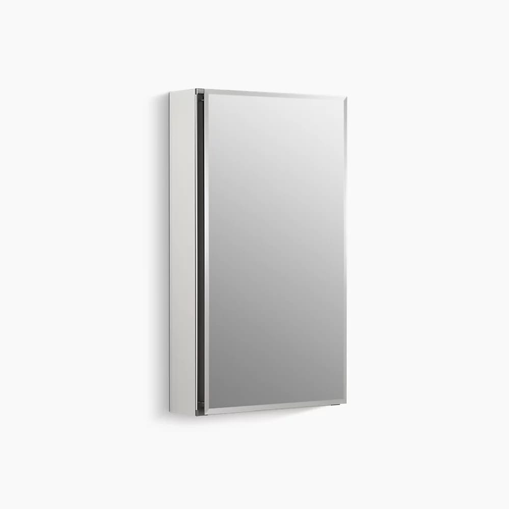 15" W x 26" H aluminum single-door medicine cabinet with mirrored door, beveled edges