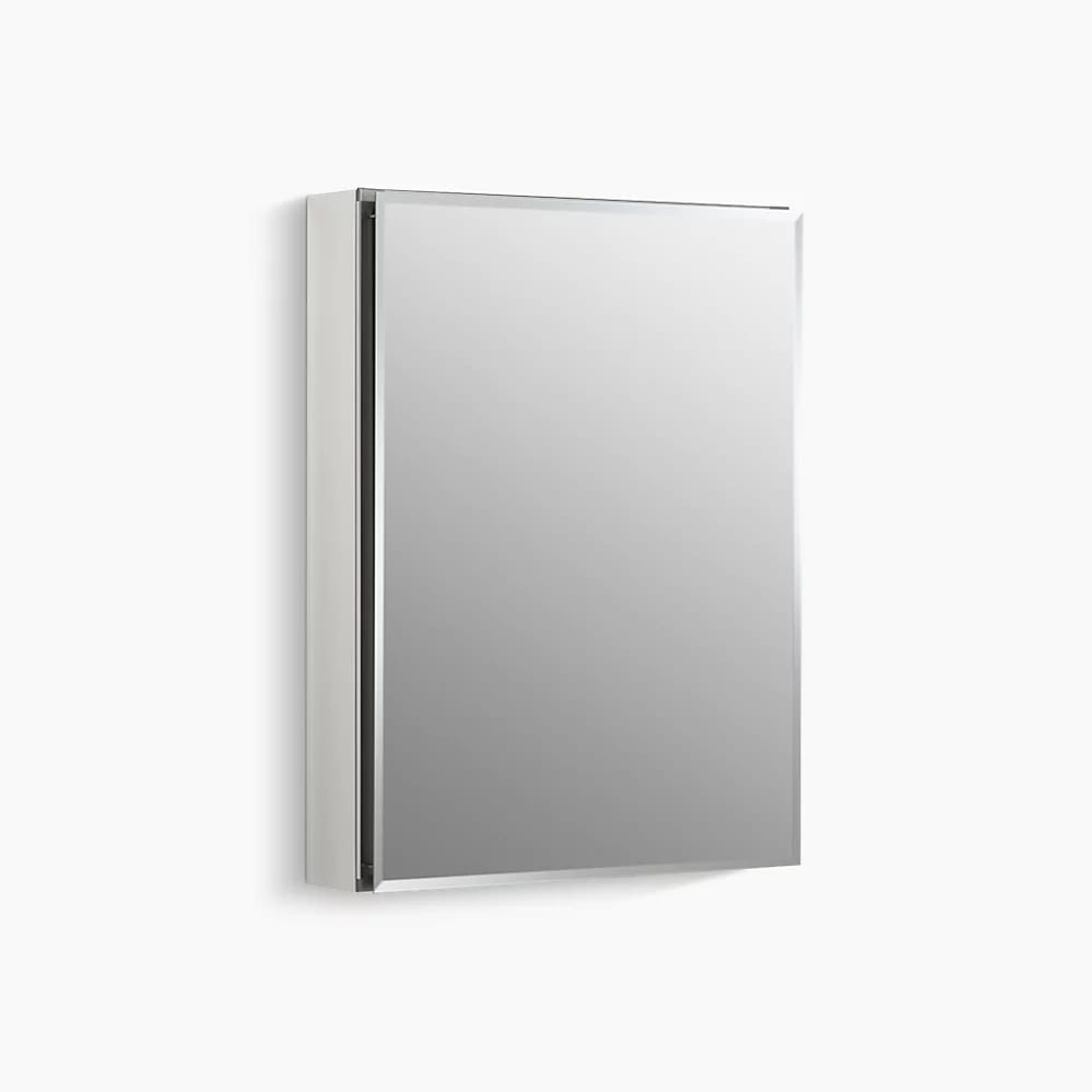 20" W x 26" H aluminum single-door medicine cabinet with mirrored door, beveled edges