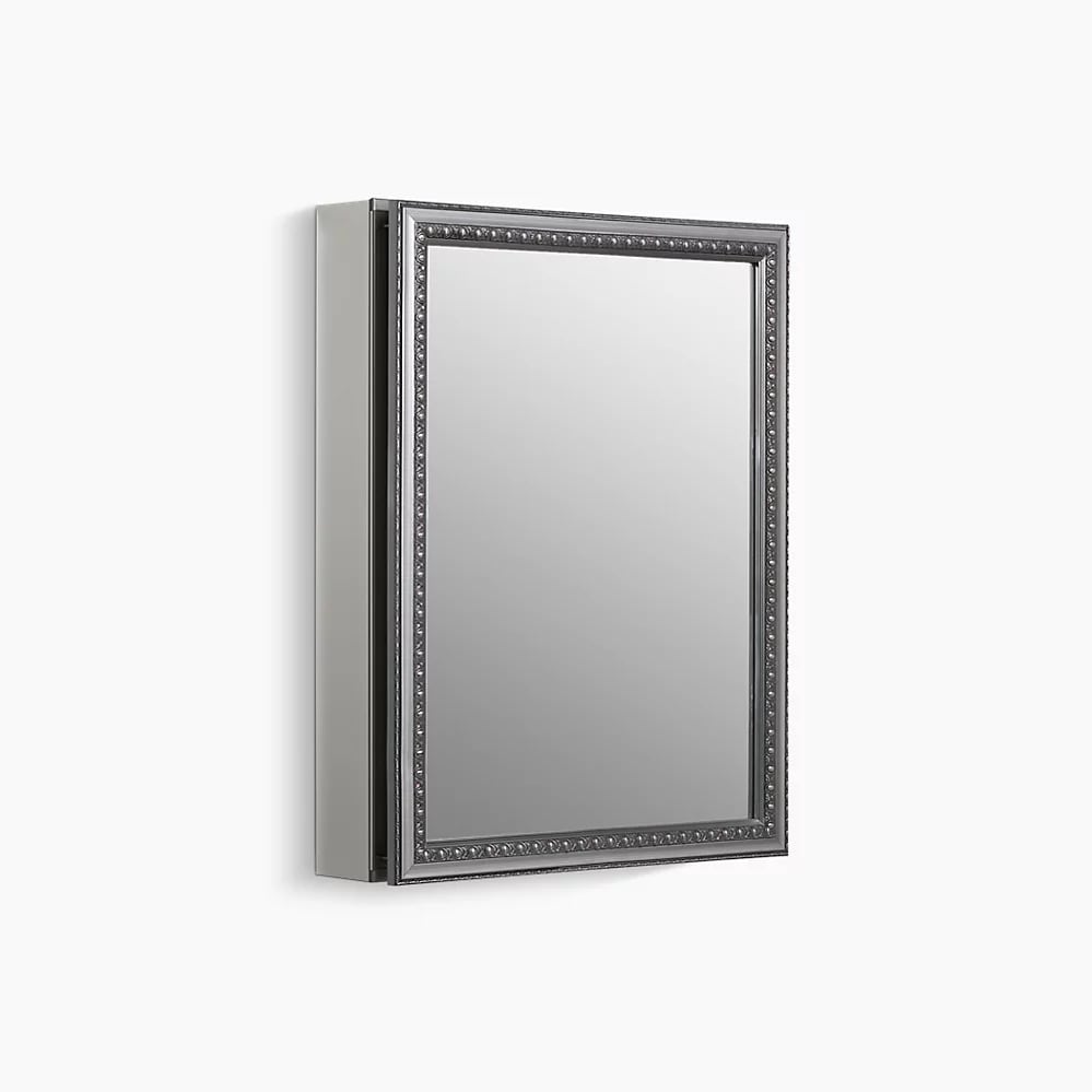 20" W x 26" H aluminum single-door medicine cabinet with decorative silver framed mirrored door