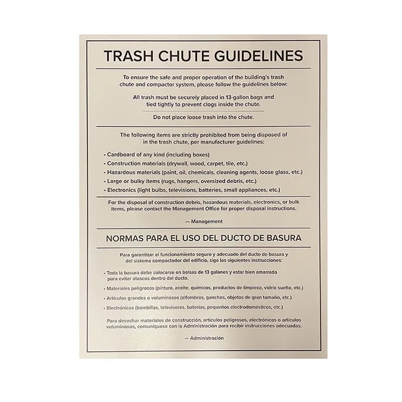 Trash Chute Rules Signage