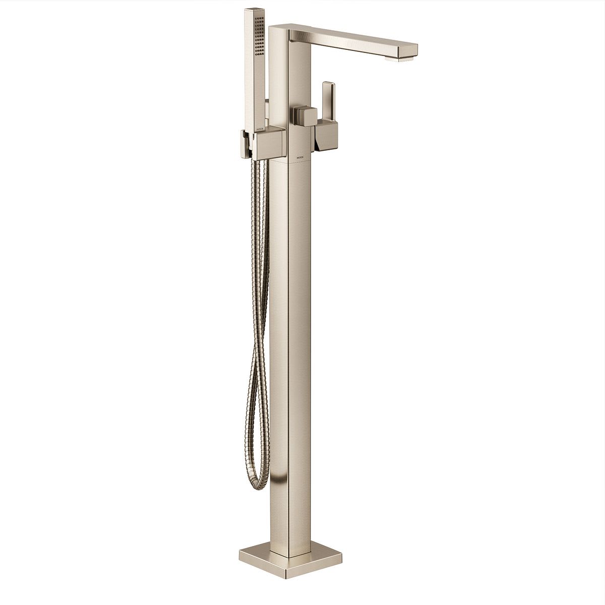 90 Degree Brushed nickel one-handle tub filler includes hand shower