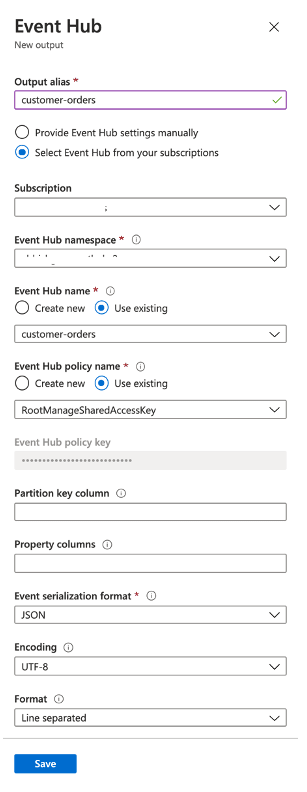 Visual showing how to set up your Event Hubs details