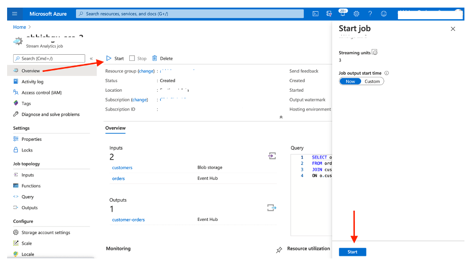Screenshot showing the Azure Stream Analytics interface and where to select Overview, click Start and confirm