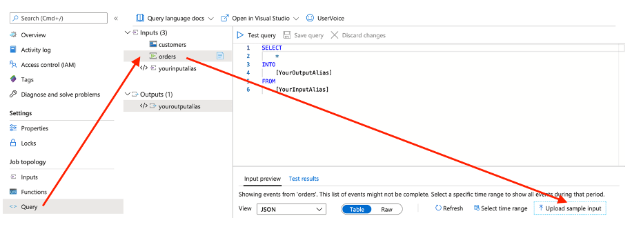 Visual showing how to open the Azure Stream Analytics job, select Query, and upload sample orders data for Event Hub input