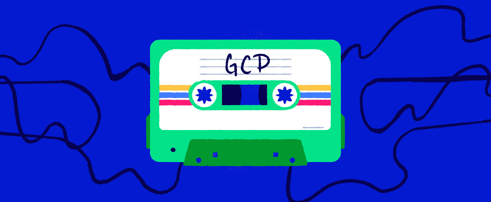 gcp written on a cassette with unravelling tape