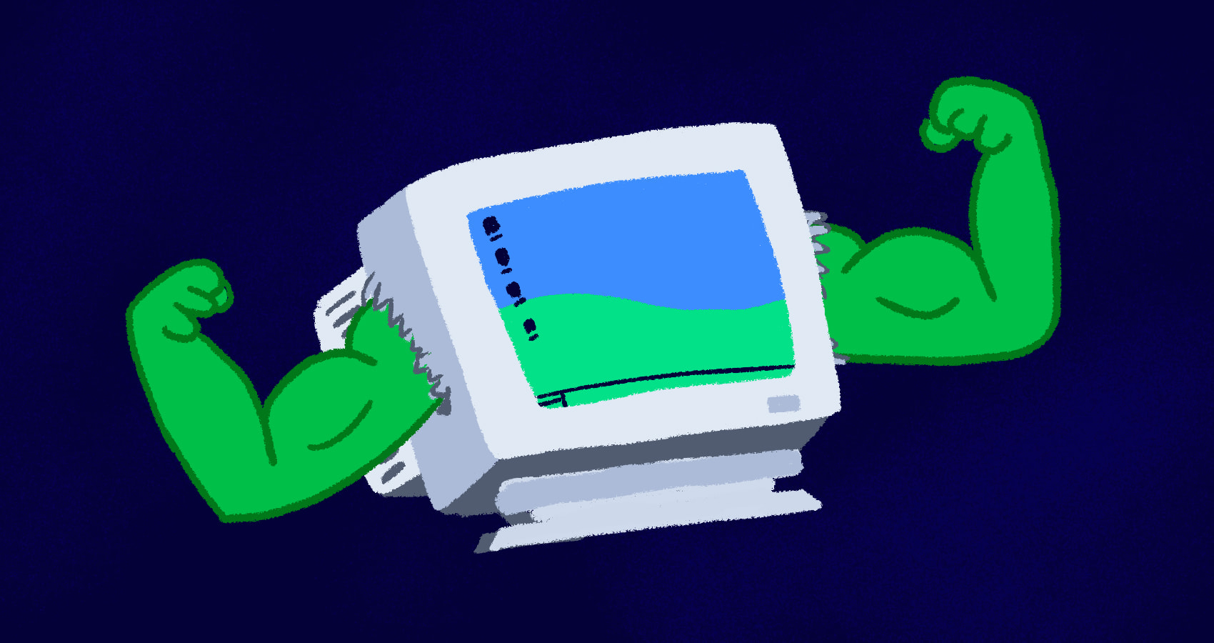 cartoon computer with muscular biceps