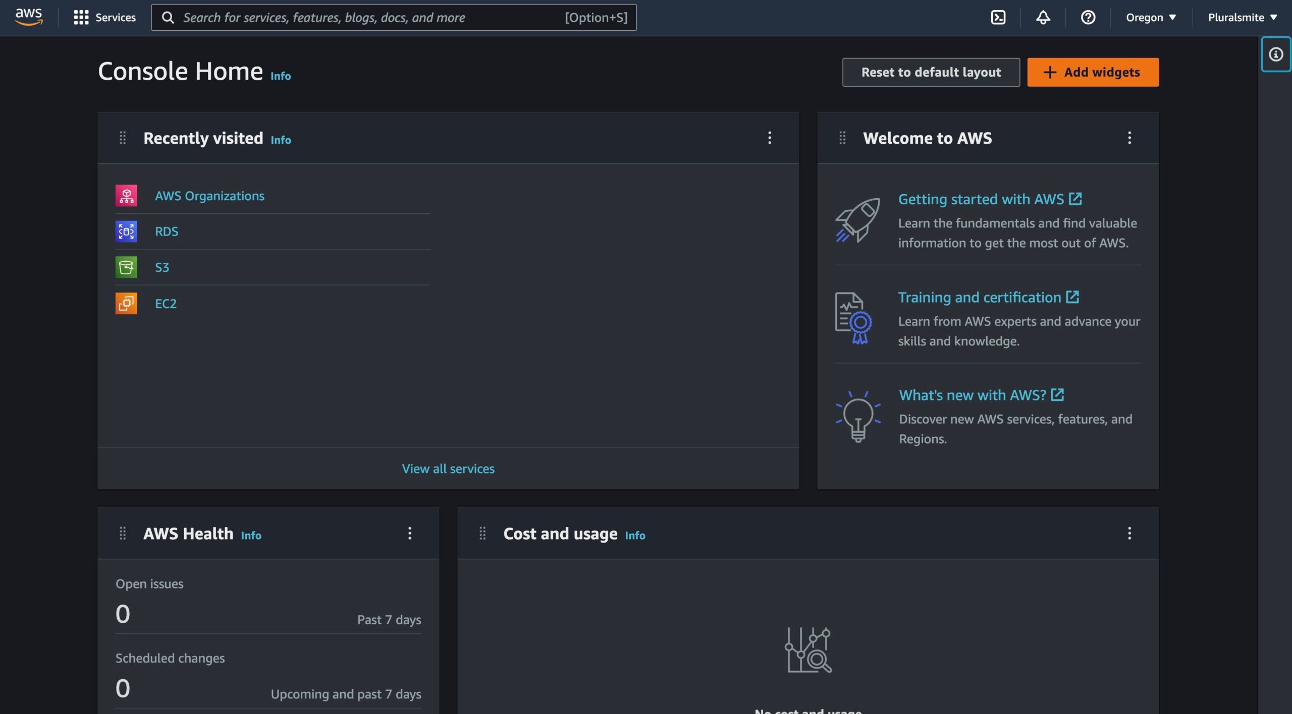 AWS Management Console with dark mode applied. Featured AWS Console text is now in white and light gray, against a dark gray background.