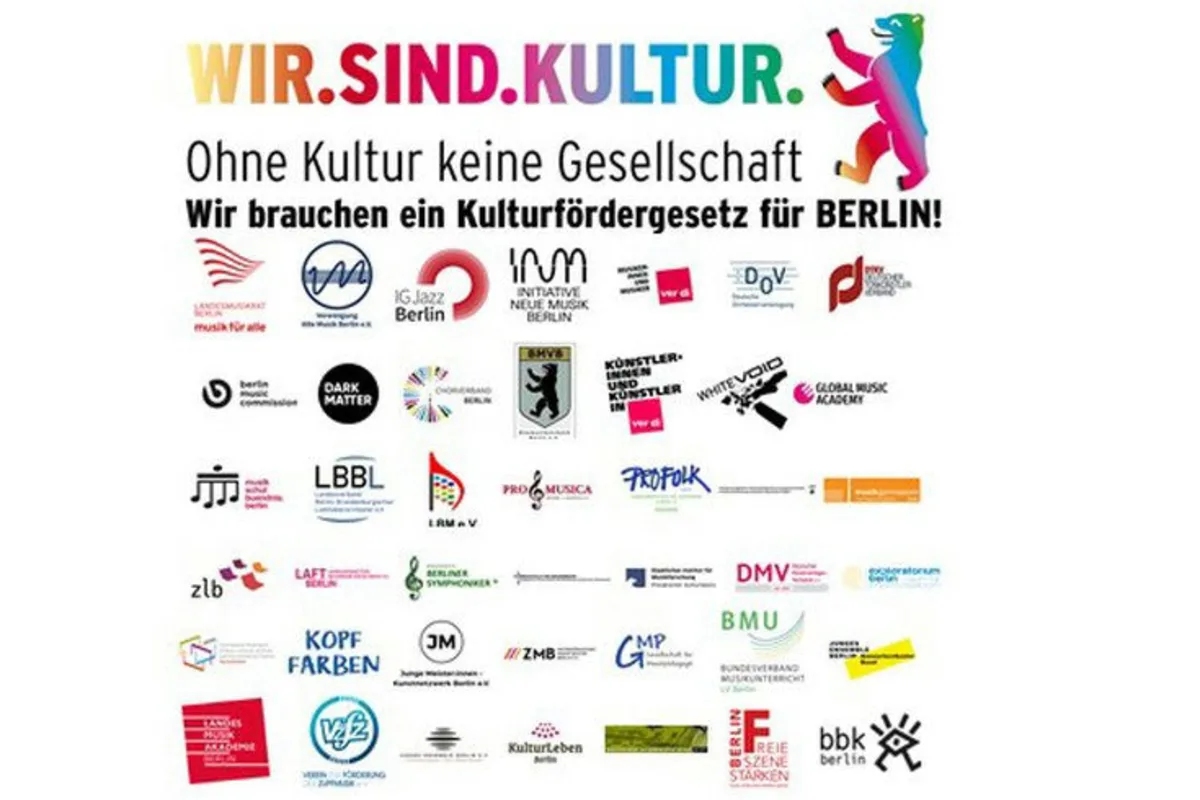 Bild mit verschieden Logos von Organisationen und als Überschrift den Schriftzug: Wir sind Kultur Berlin. Ohne Kultur keine Gesellschaft. Wir brauchen ein Kulturfördergesetz für Berlin.