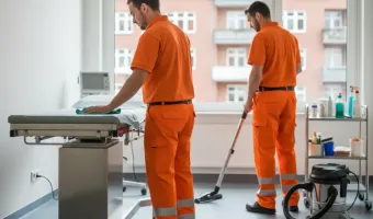 Praxisreinigung in Berlin: Zwei professionelle Reinigungskräfte in orangefarbener Arbeitskleidung säubern sorgfältig eine medizinische Praxis in Berlin, einer wischt eine Untersuchungsliege ab, der andere saugt den Boden, um höchste Hygienestandards bei der Praxisreinigung in Berlin zu gewährleisten.